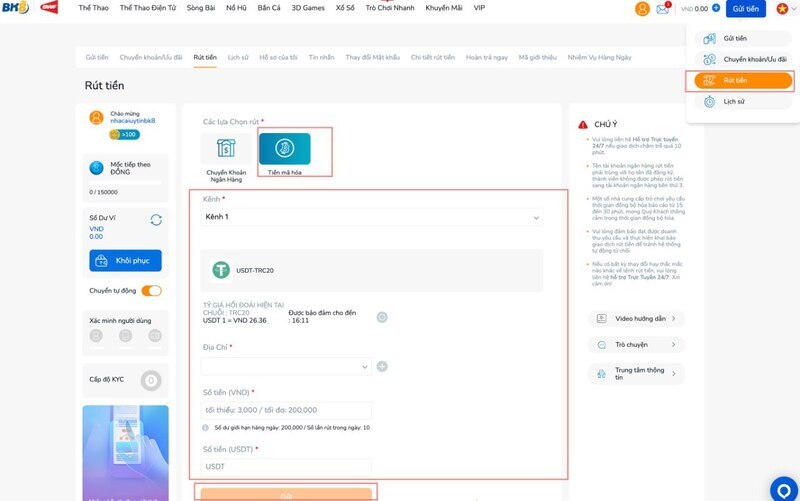 Hướng dẫn rút tiền Bk8 bằng hình thức Crypto