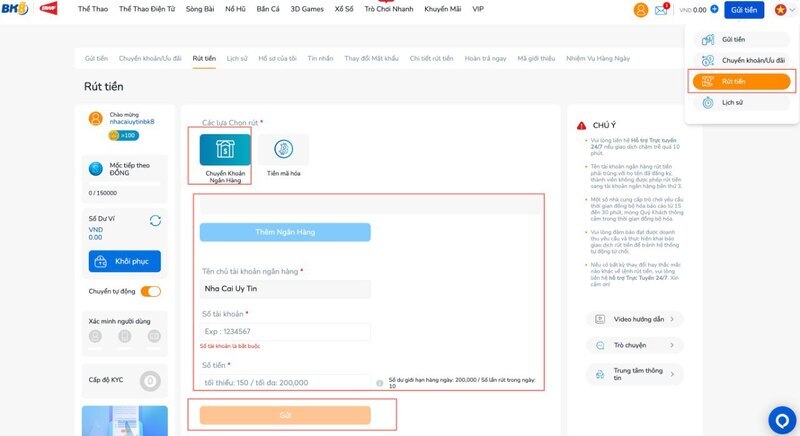 Những bước rút tiền BK8 thông qua chuyển khoản ngân hàng